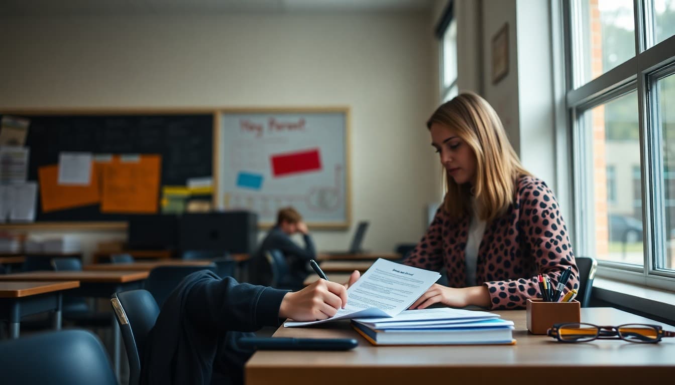 Georgia high school teacher drafting parent newsletter at desk in secondary school