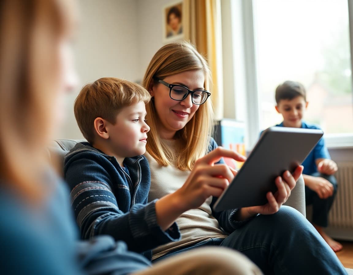 Georgia parent reading a teacher newsletter on a tablet at home