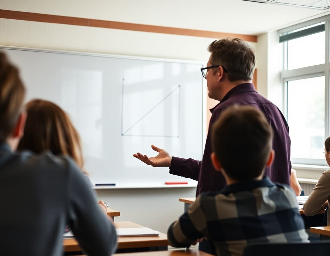 Geometry teacher explaining a triangle congruence proof on a whiteboard to a high school class