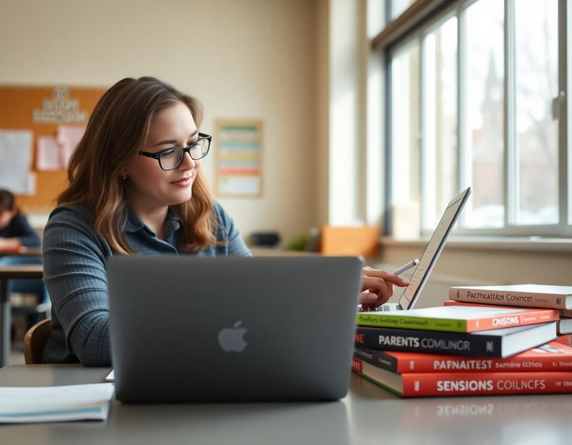 Government teacher writing a parent newsletter on a laptop with civics textbooks nearby