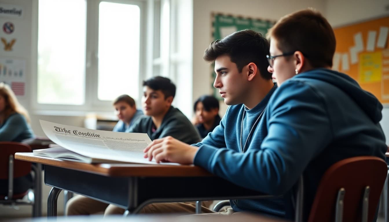 High school government class students reviewing the US Constitution in a classroom discussion