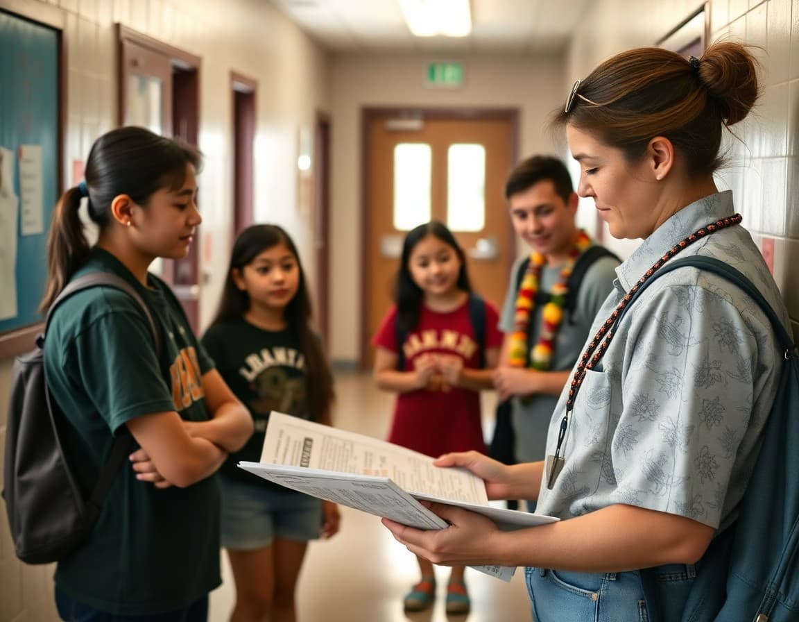 Hawaii high school students reviewing newsletter with teacher in school hallway