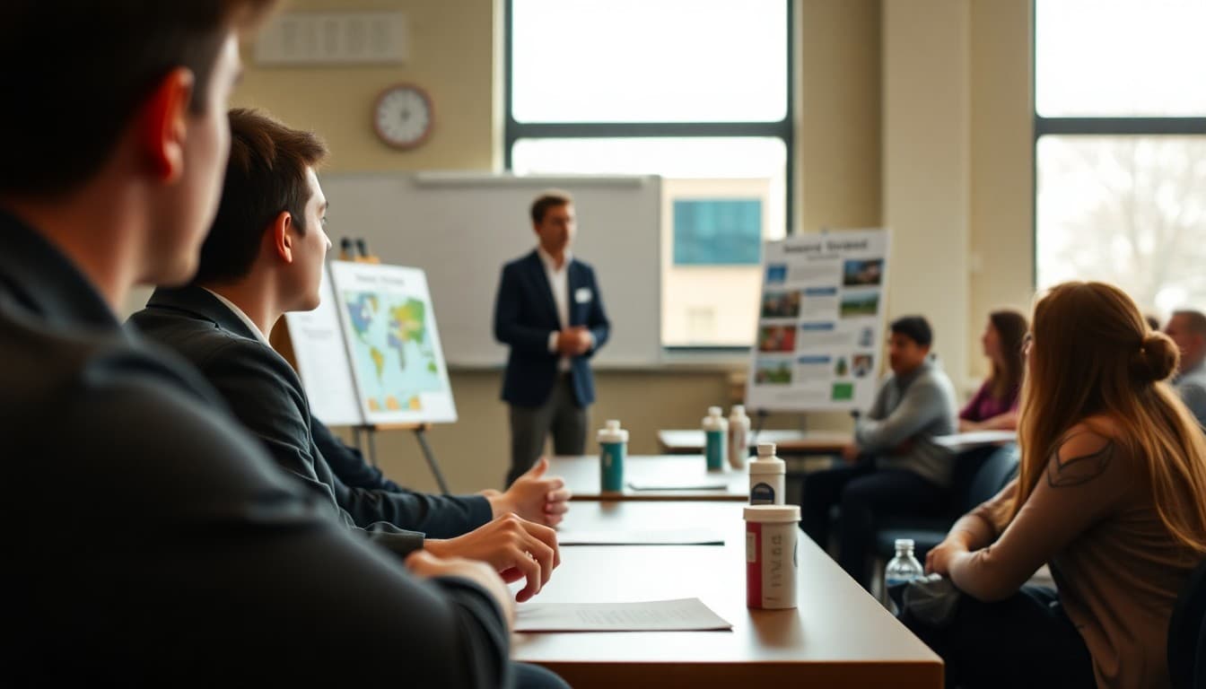 High school senior presenting capstone project to panel of judges at senior showcase
