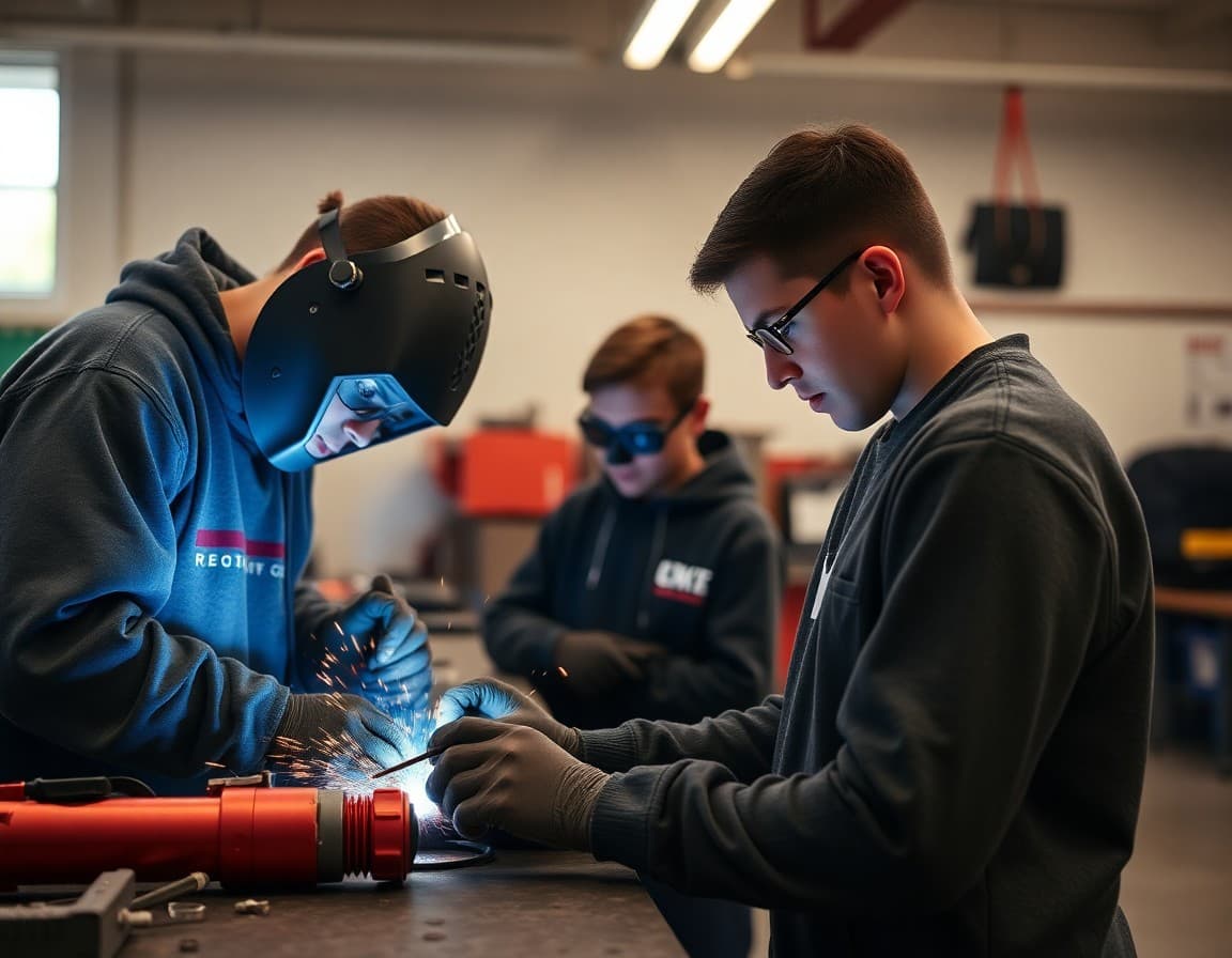 CTE students working on welding project in high school career technical education lab