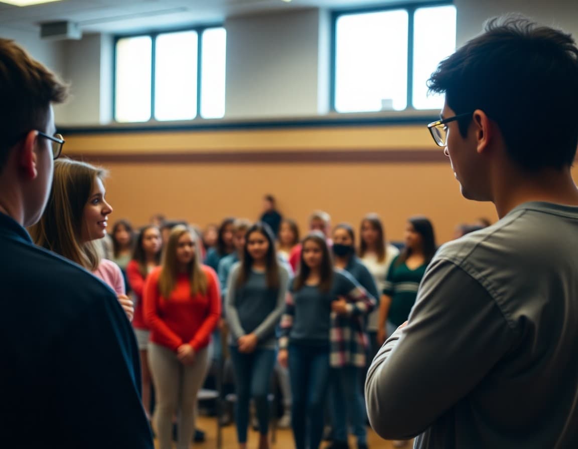 Drama director reviewing blocking with high school cast during rehearsal in auditorium