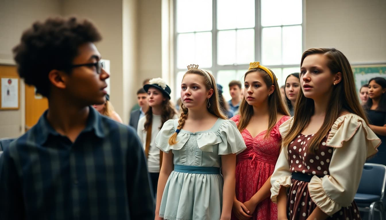 High school drama students in full costume at dress rehearsal for school production