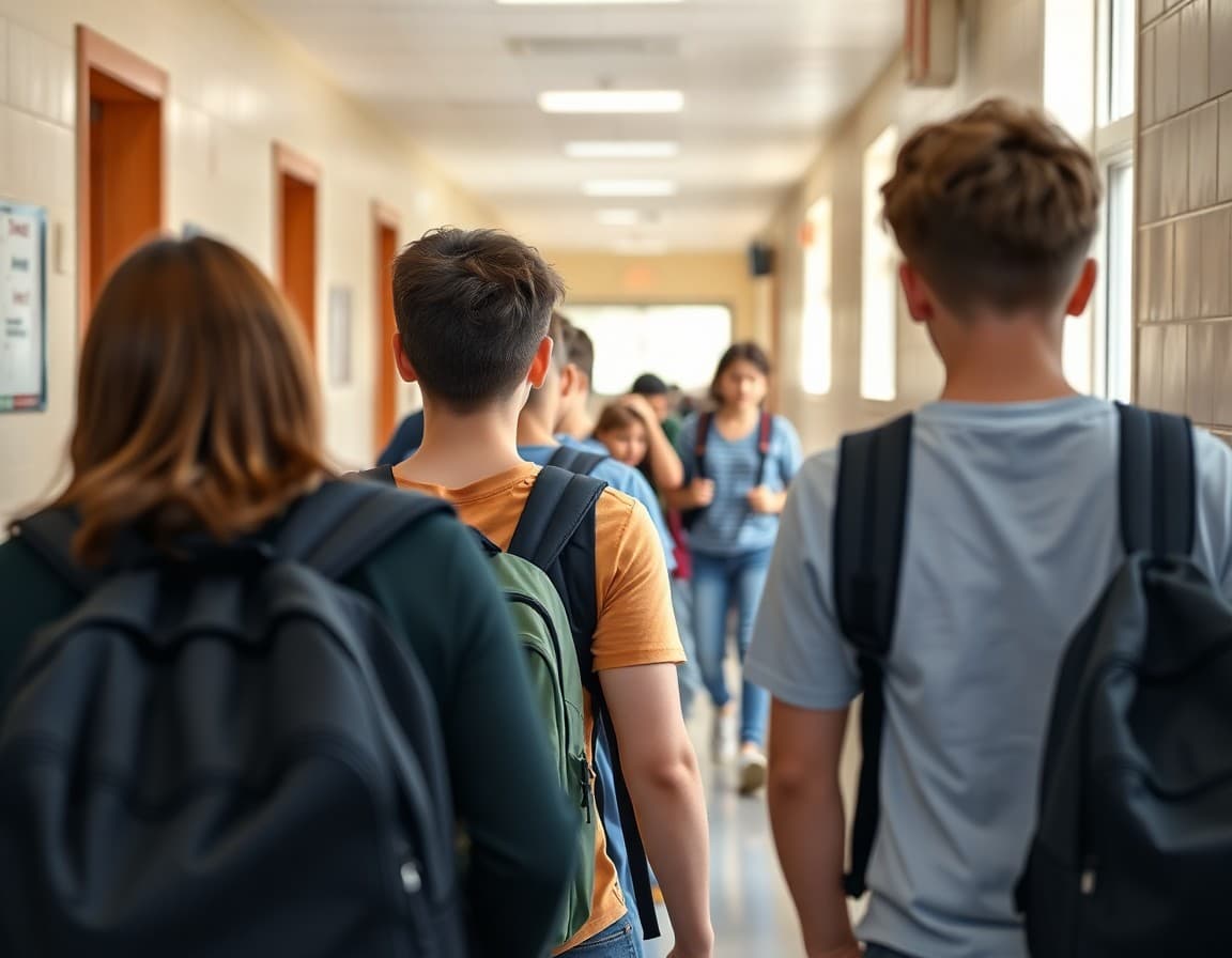 Ninth grade students navigating high school hallways with backpacks on first week