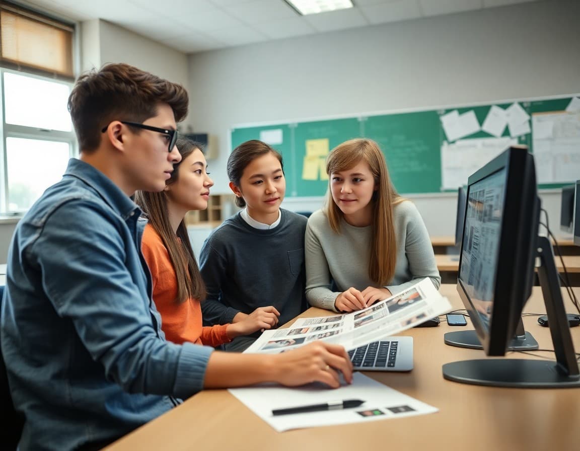 Student journalists reviewing layout proofs on a computer in high school media lab