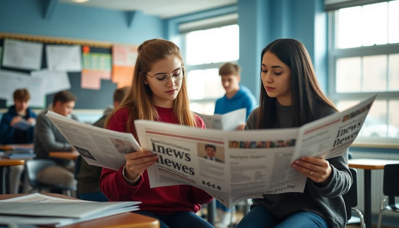 High school journalism students publishing a school newspaper in a newsroom classroom