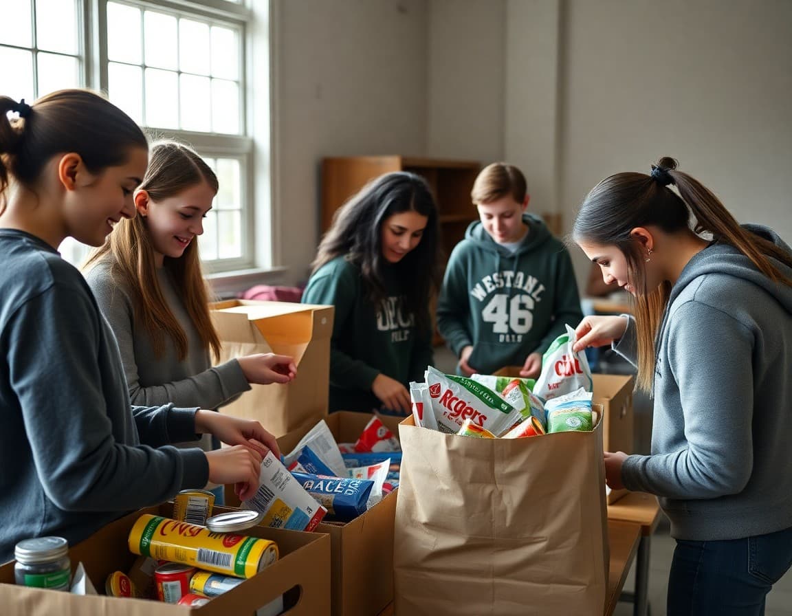 Key Club members sorting food donations at a community food bank project