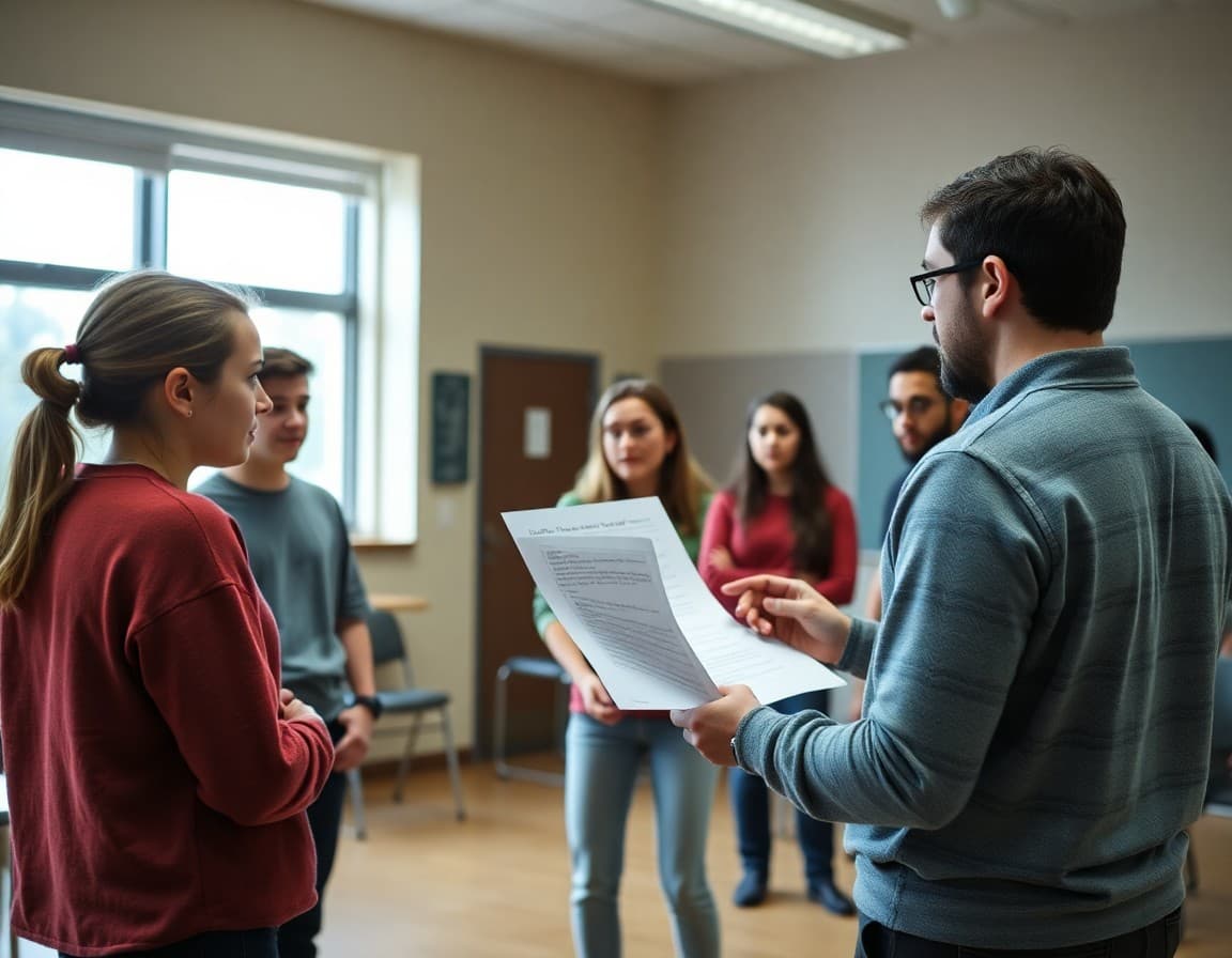 Theater director reviewing blocking notes with high school students in rehearsal room
