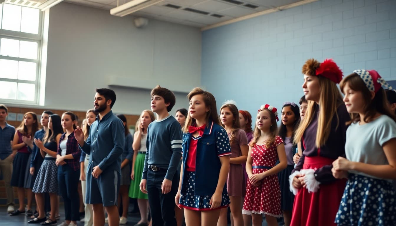 High school musical cast at final dress rehearsal performing on stage with costumes