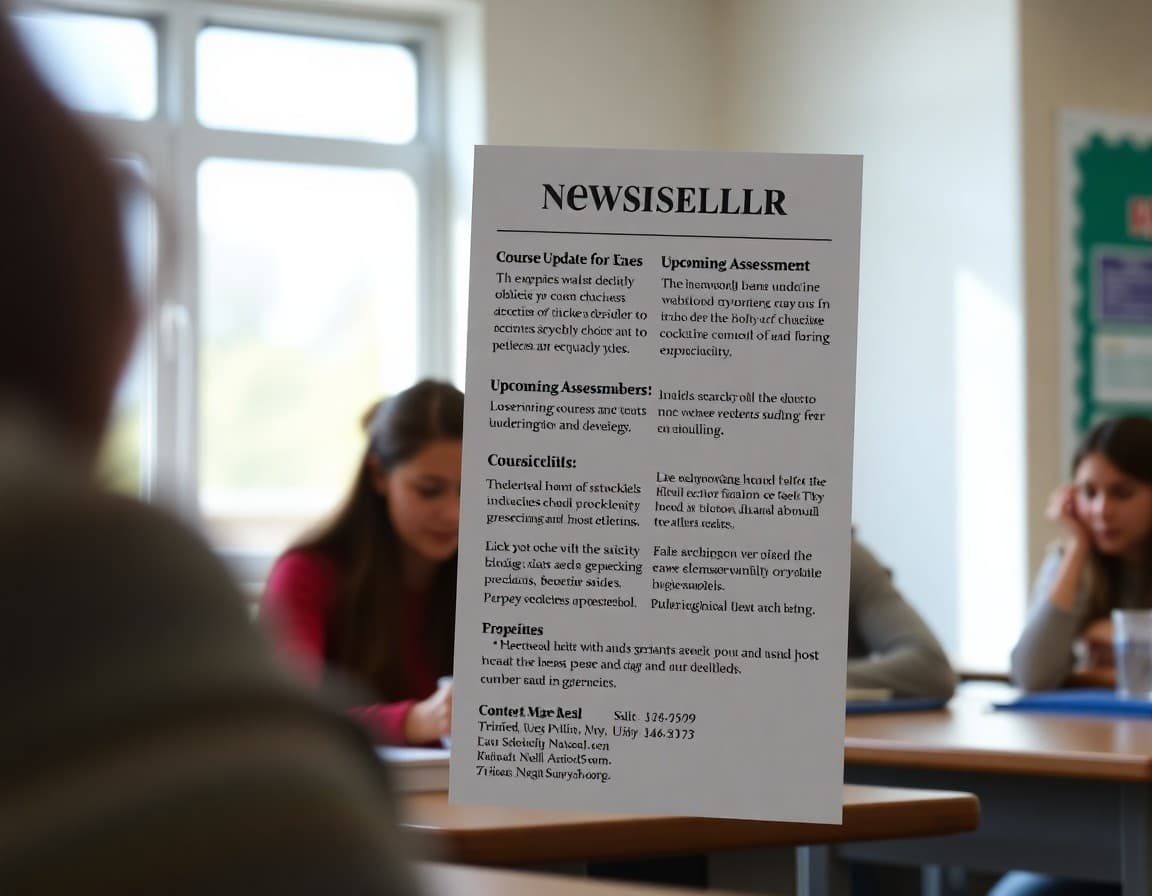 High school newsletter example showing course update section, upcoming assessment reminder, and contact information