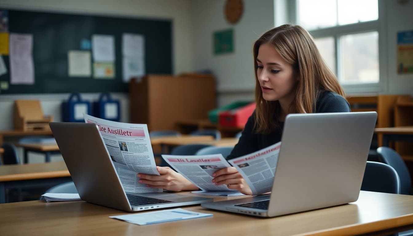High school teacher reviewing printed newsletter examples on a classroom desk with laptop open