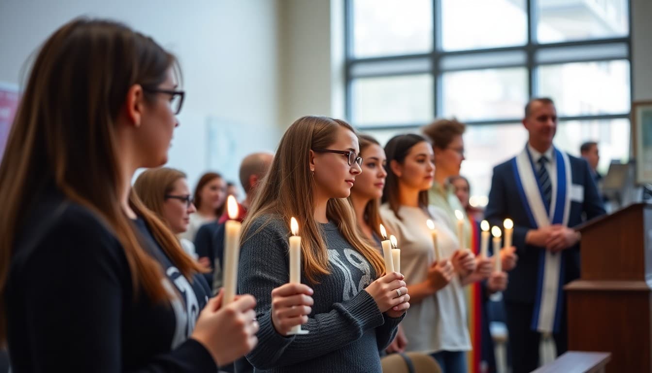 NHS students at induction ceremony with candles and honor society advisor on stage