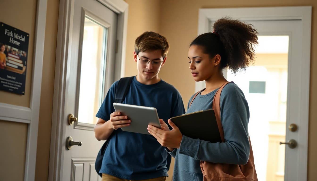 High school student arriving home from school while parent reviews after-school schedule on tablet