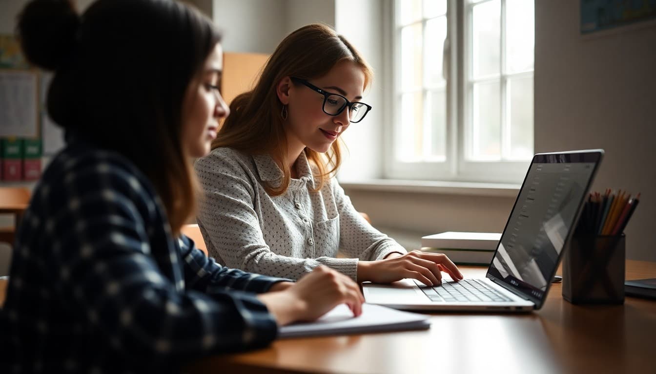 High school teacher creating a homework support newsletter for parents at a laptop