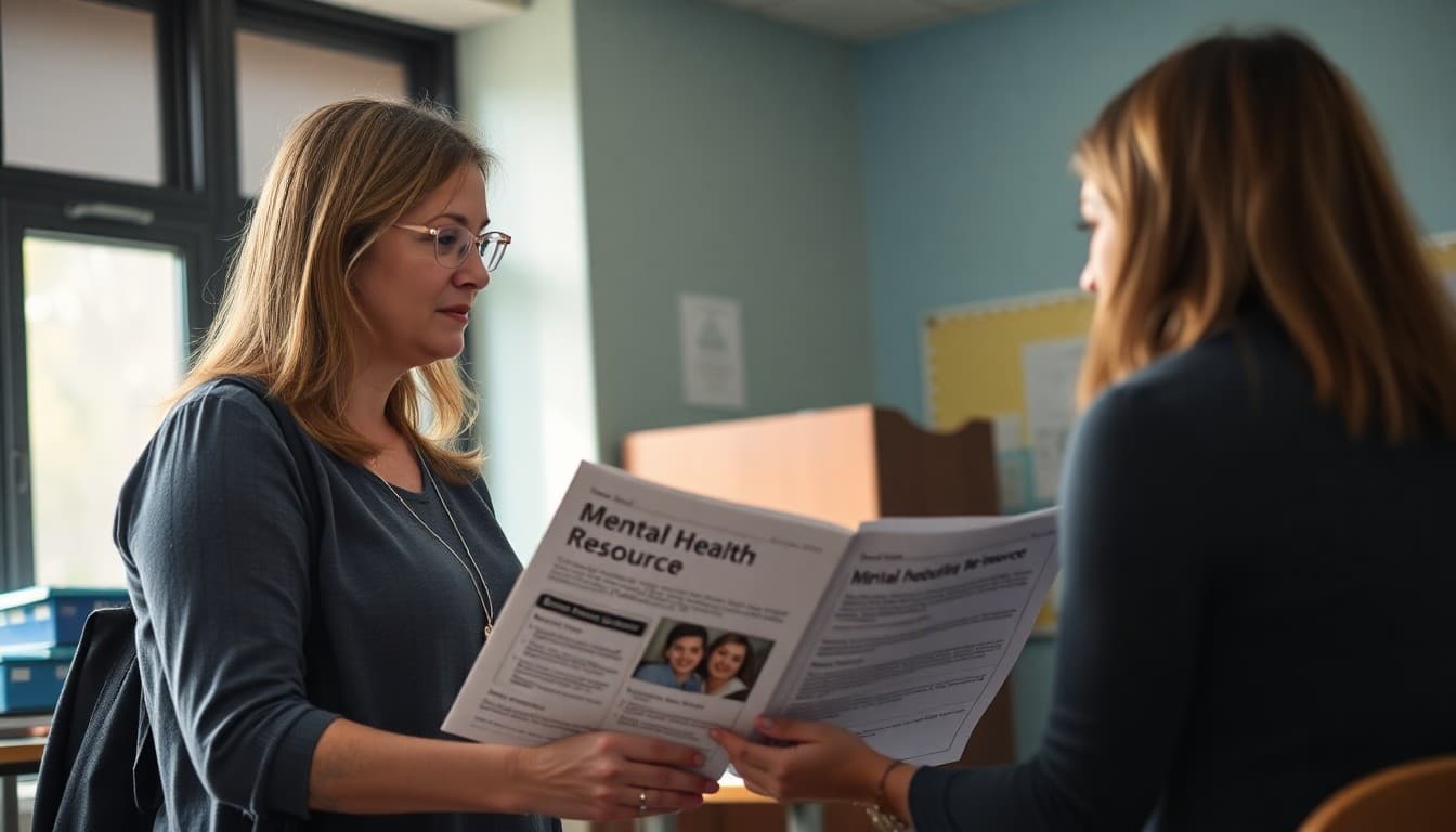 High school teacher speaking with a counselor while reviewing mental health resource newsletter