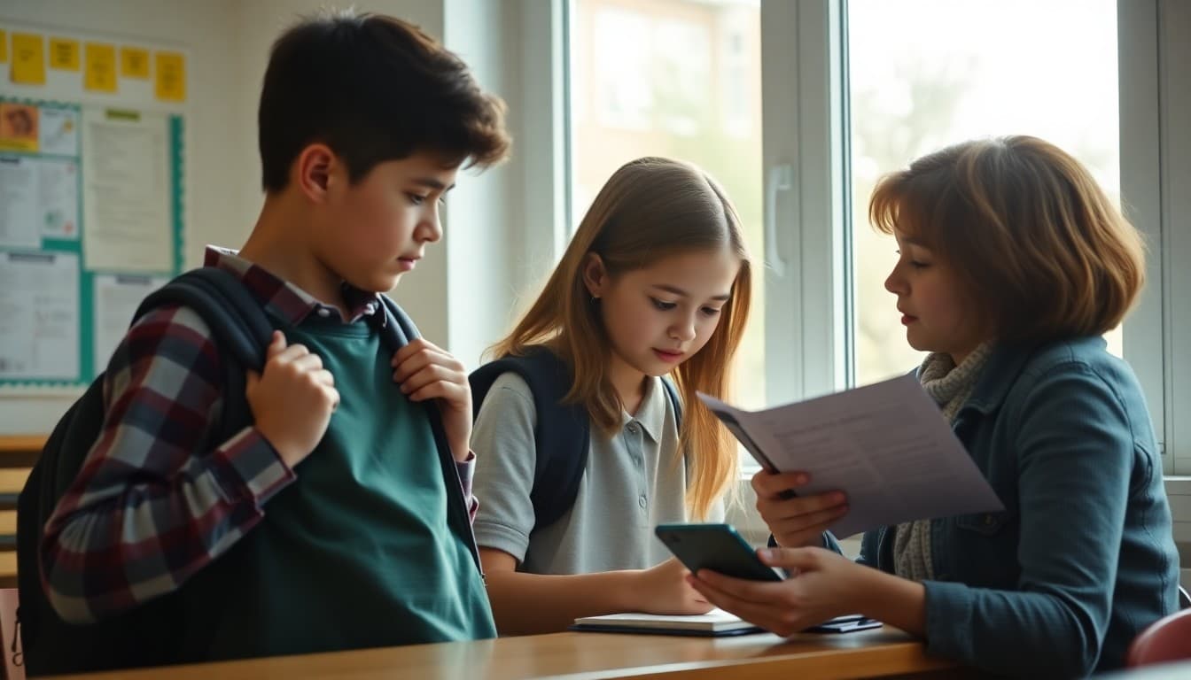 High school student preparing backpack in morning while parent reads a school newsletter on phone