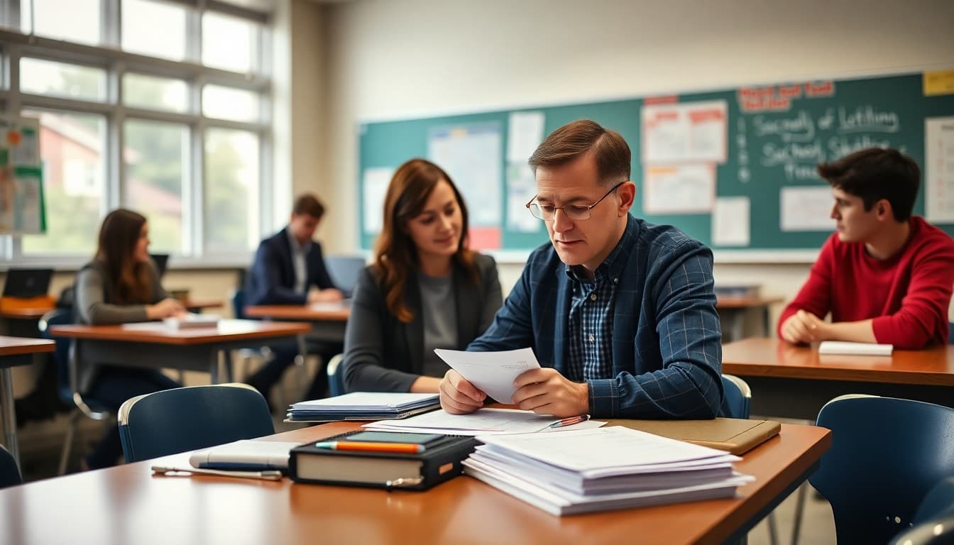 High school teacher preparing for parent-teacher conference with student grade reports on desk