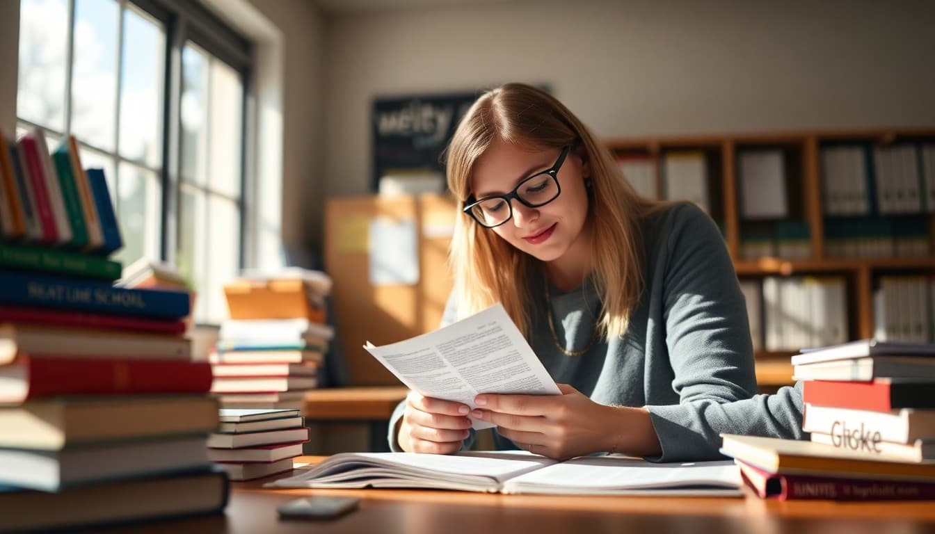 High school teacher preparing a reading support newsletter for parents at a desk with books