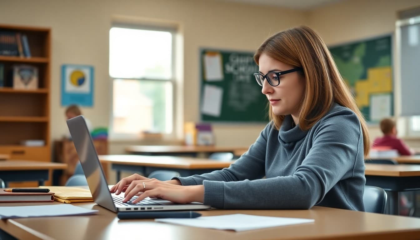 High school teacher writing a screen time guidance newsletter for parents with a laptop on desk