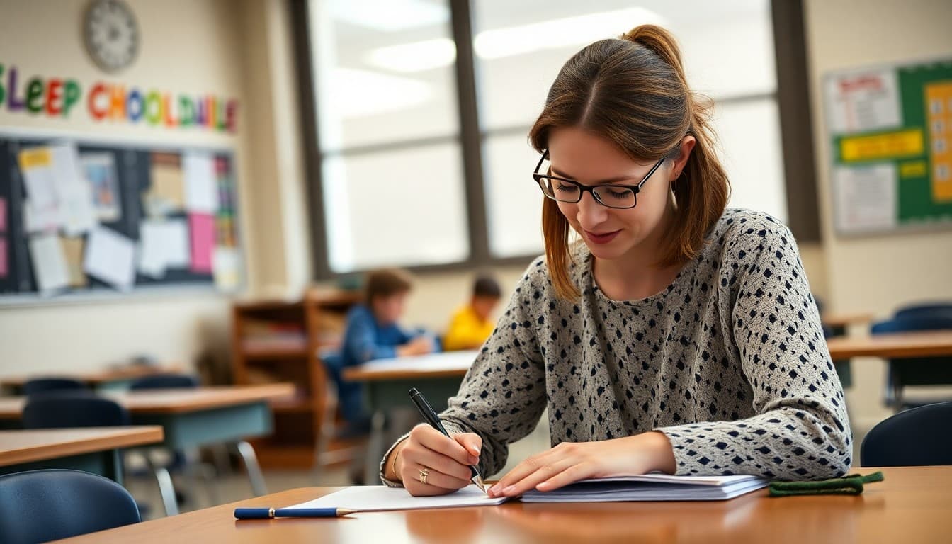 High school teacher writing a sleep schedule newsletter for parents with classroom visible in background