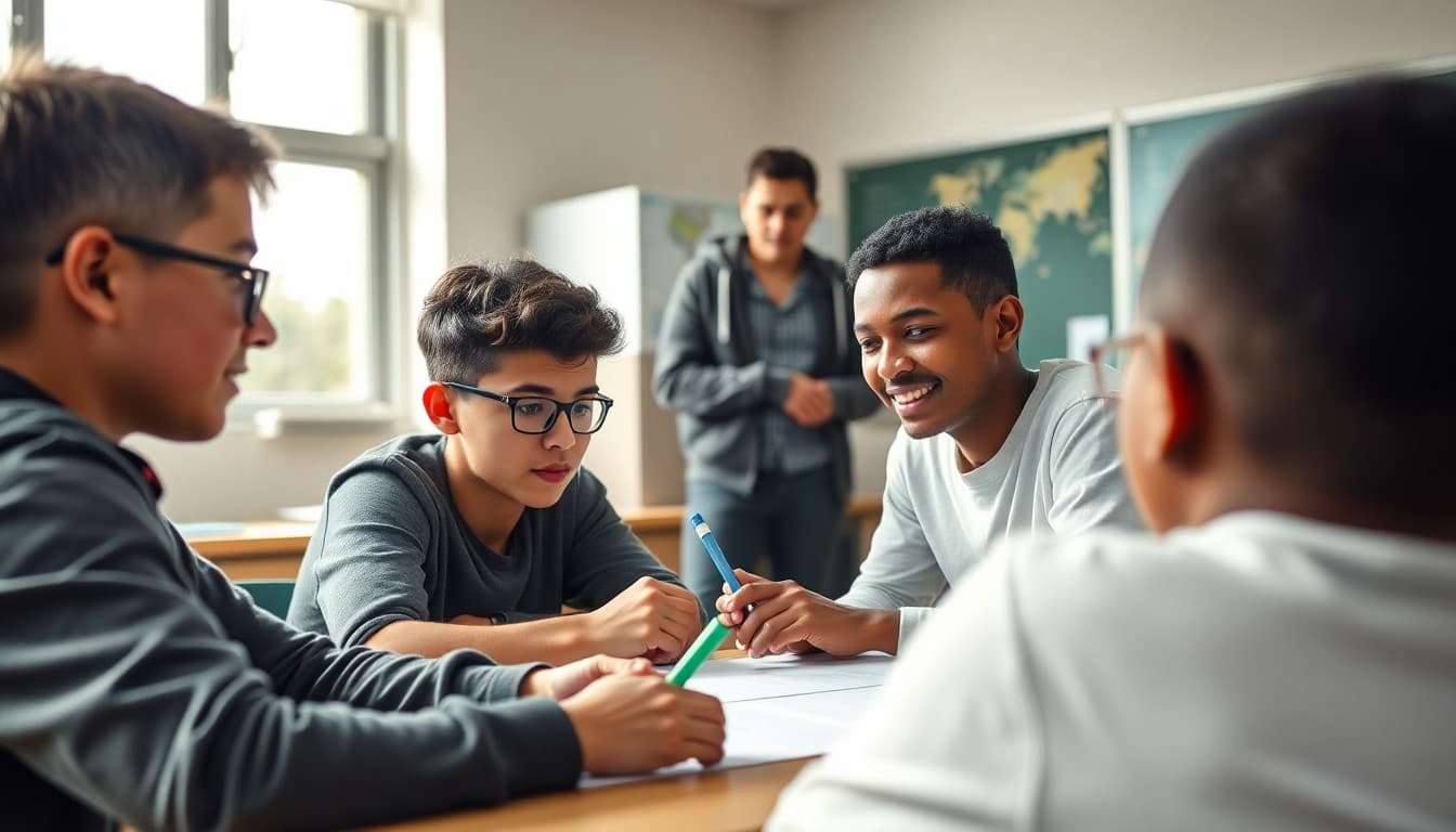 High school students working together on a group project with teacher observing in background
