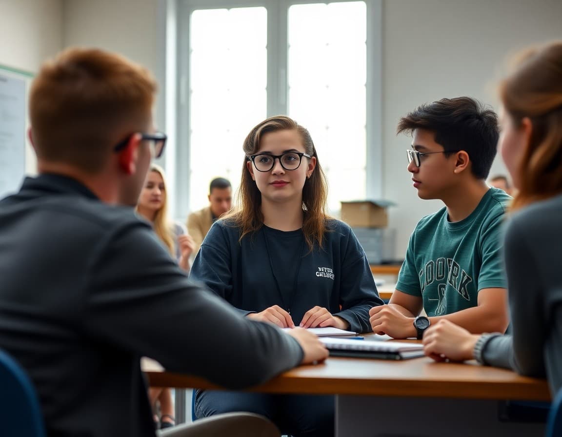 Student body president leading high school student council meeting with class officers