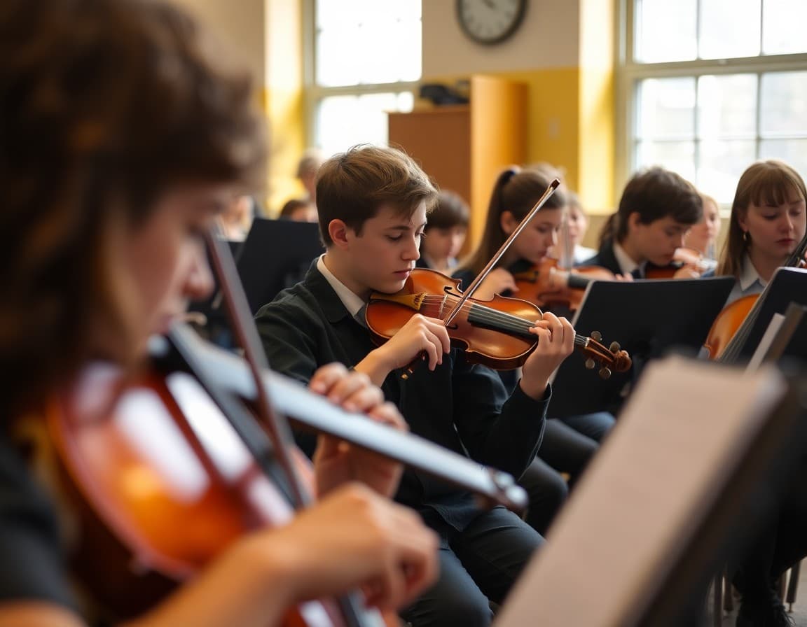 String section students tuning instruments before a high school orchestra performance