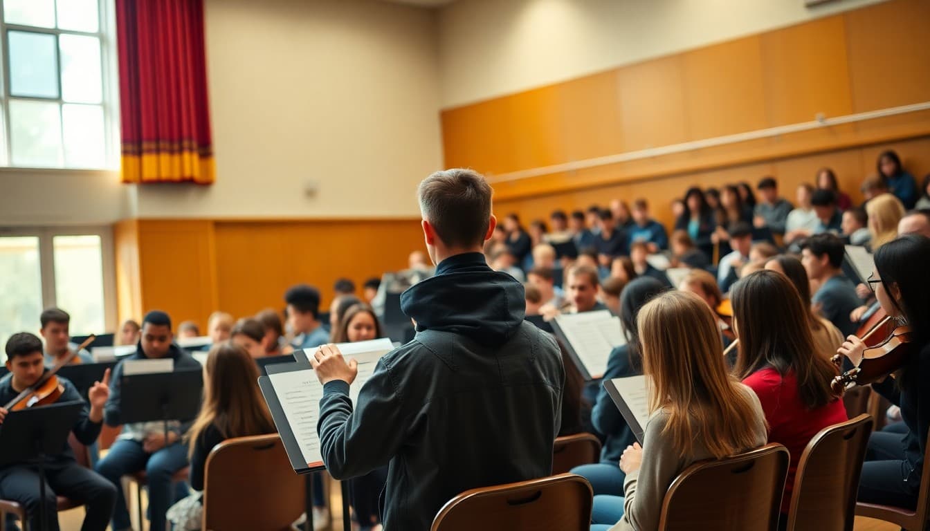 High school orchestra rehearsing symphony music in a school concert hall with conductor