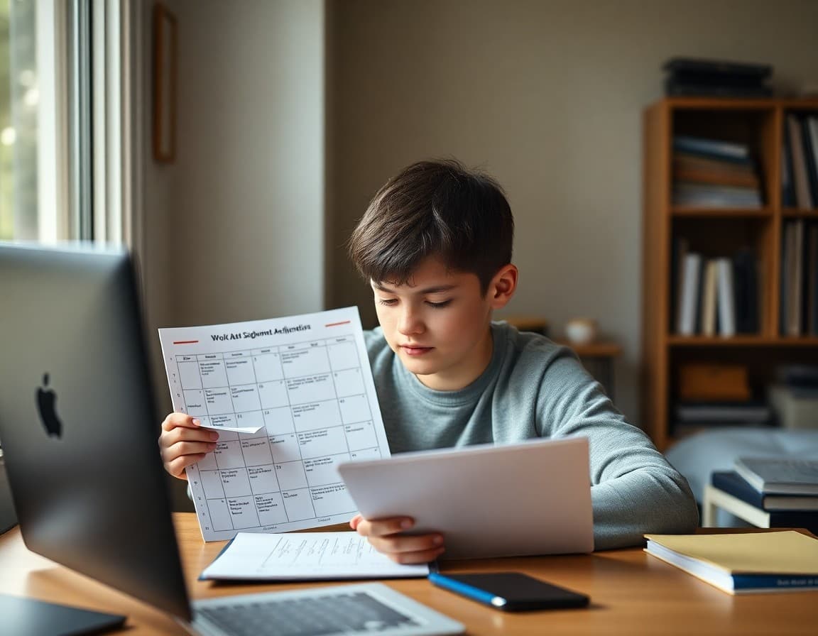 Teenager reviewing work schedule alongside school assignment calendar at home desk