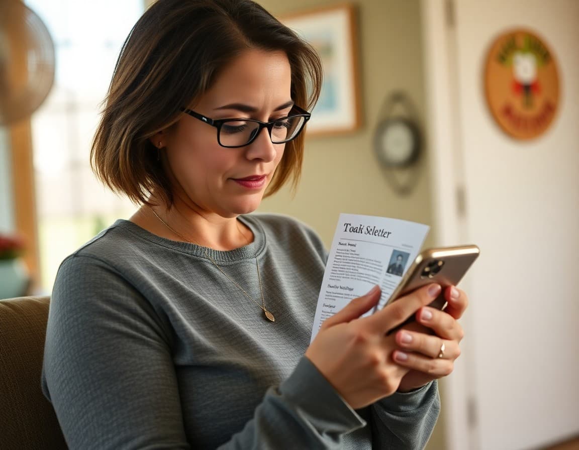 Iowa parent checking a teacher newsletter on a phone at home in a rural setting