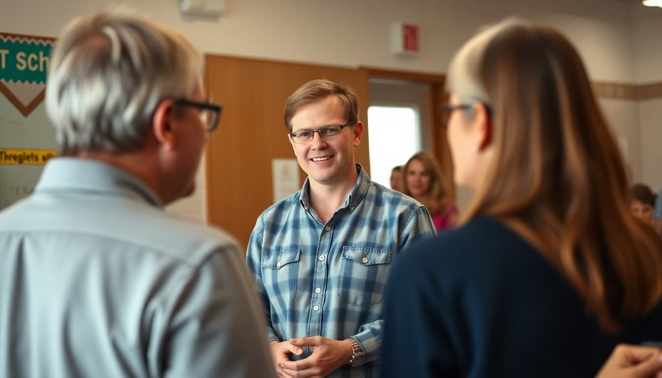 Iowa high school teacher meeting with parents at a small-town school for an open house event