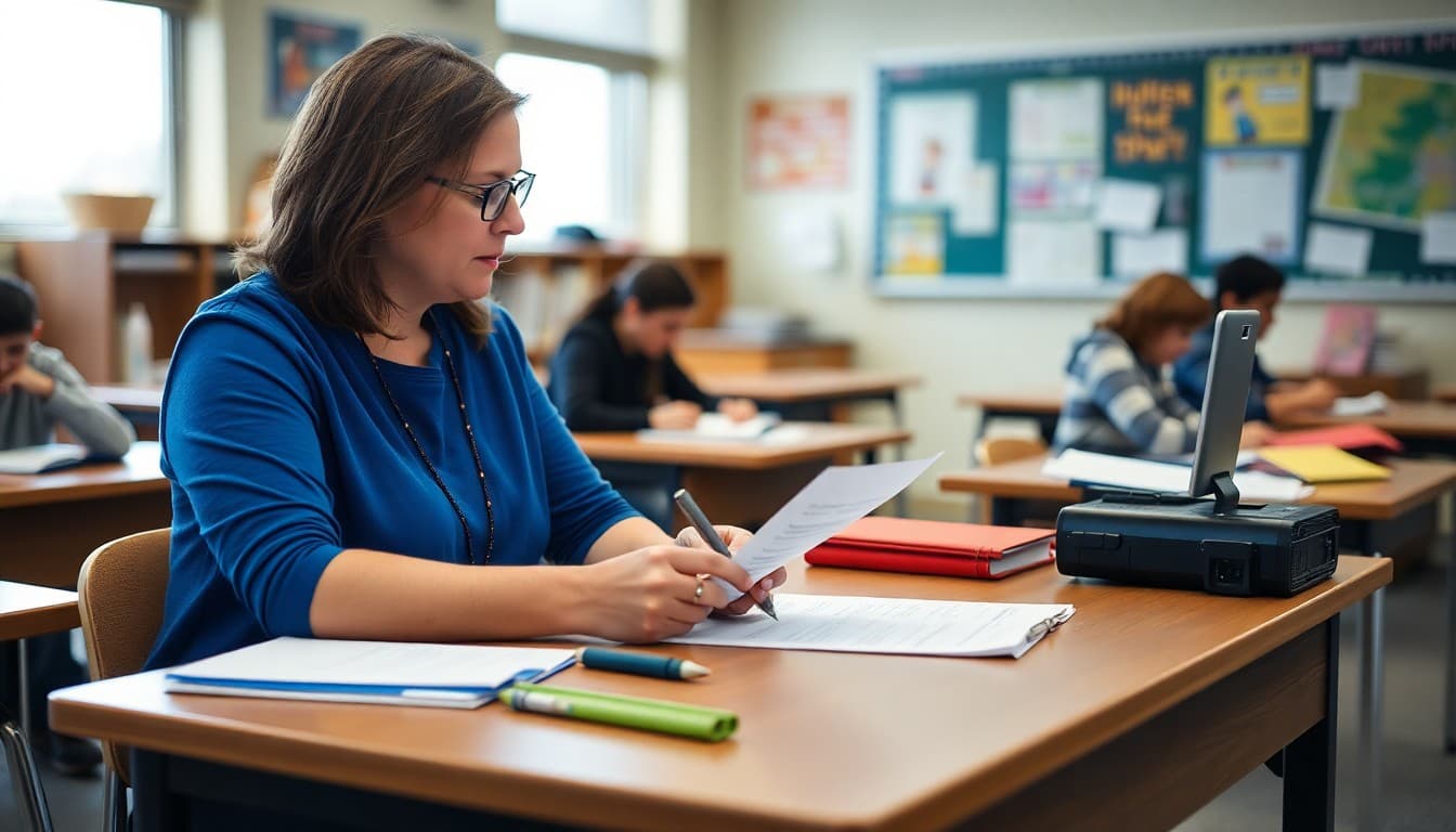Idaho high school teacher drafting parent newsletter at desk in secondary school classroom
