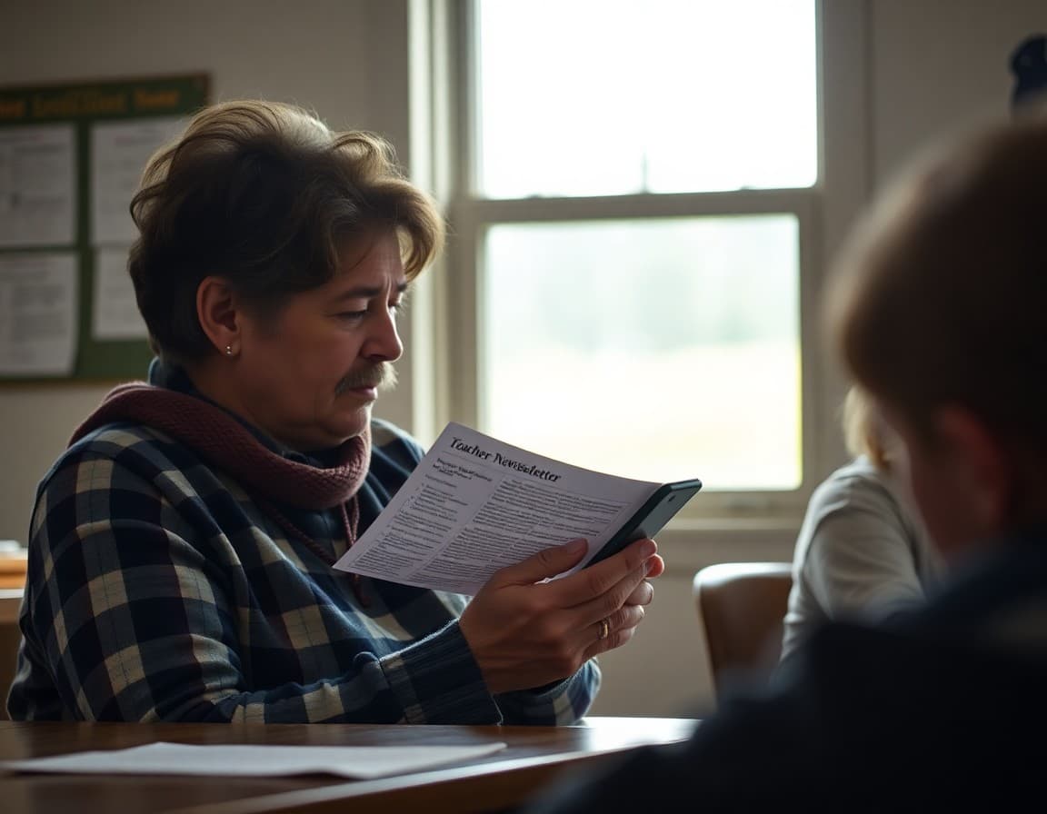 Idaho parent reading a teacher newsletter on a phone in a rural setting