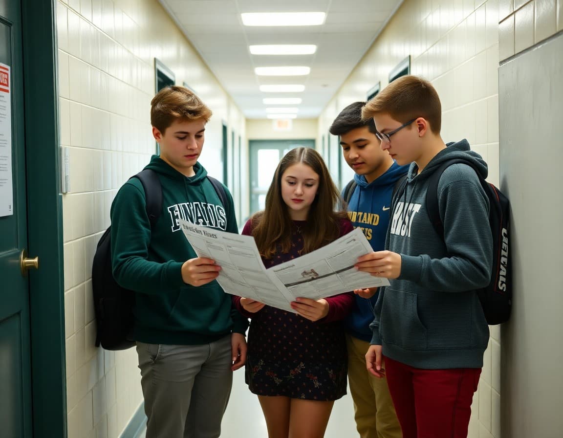 Indiana high school students reviewing newsletter with teacher in school corridor