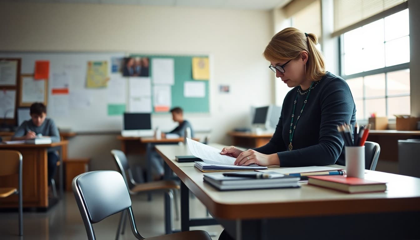 Indiana high school teacher drafting parent newsletter at desk in secondary school