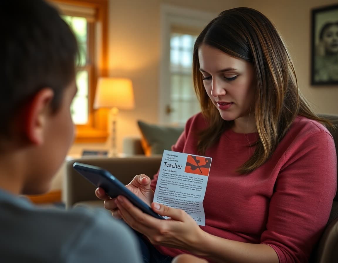 Indiana parent reading a teacher newsletter on a phone in a living room