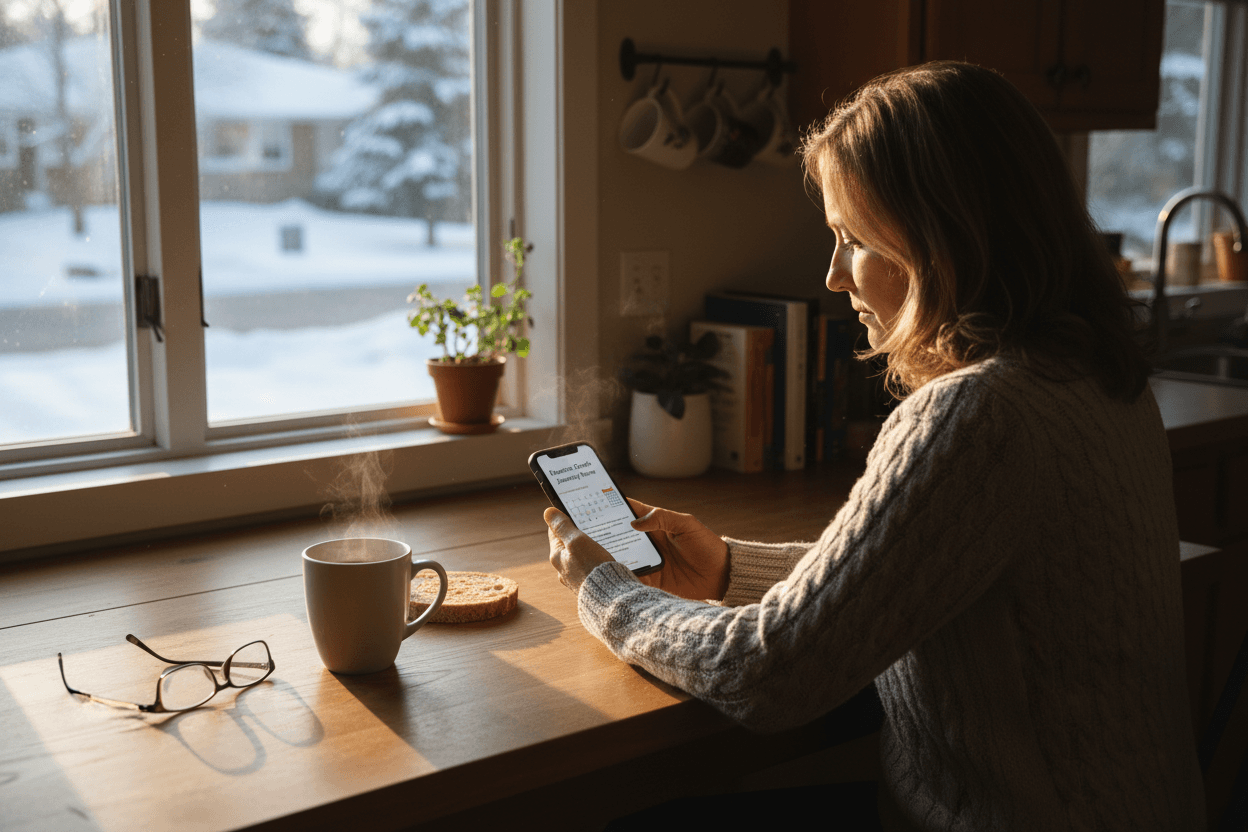 Parent reading January school newsletter on phone at home