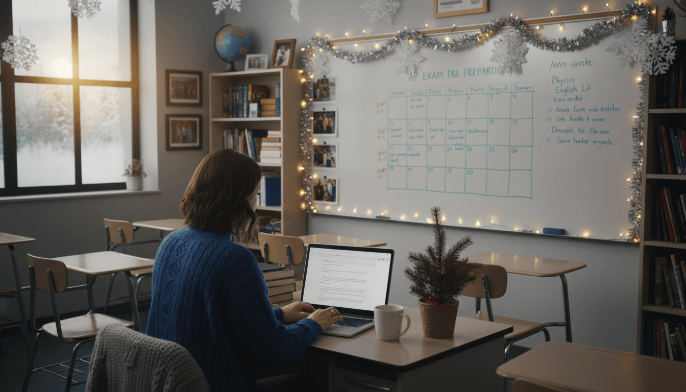 Eleventh grade classroom teacher at desk in January, bulletin board visible