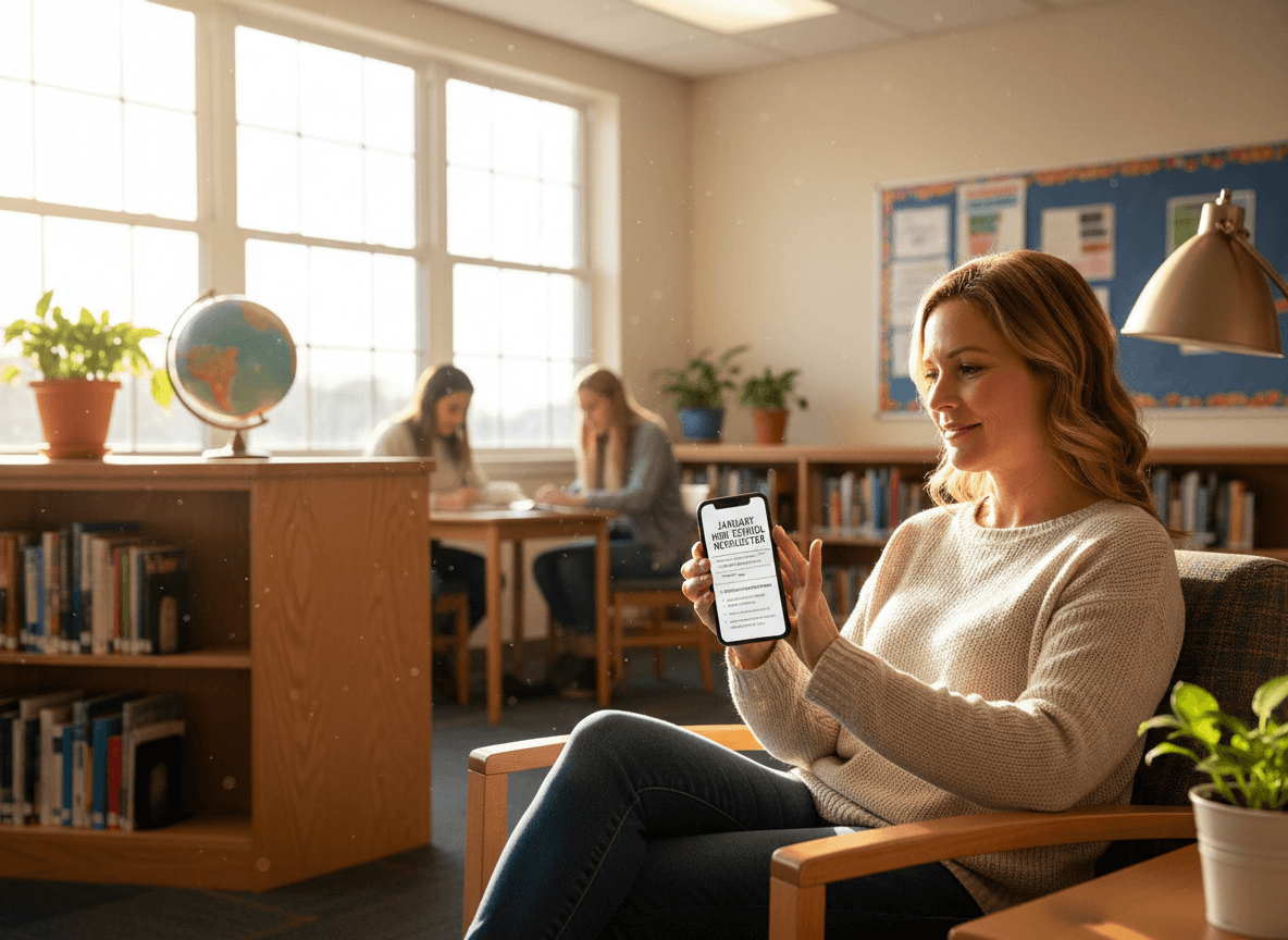 Parent reading January high school newsletter on phone with second semester schedule and college deadline reminders