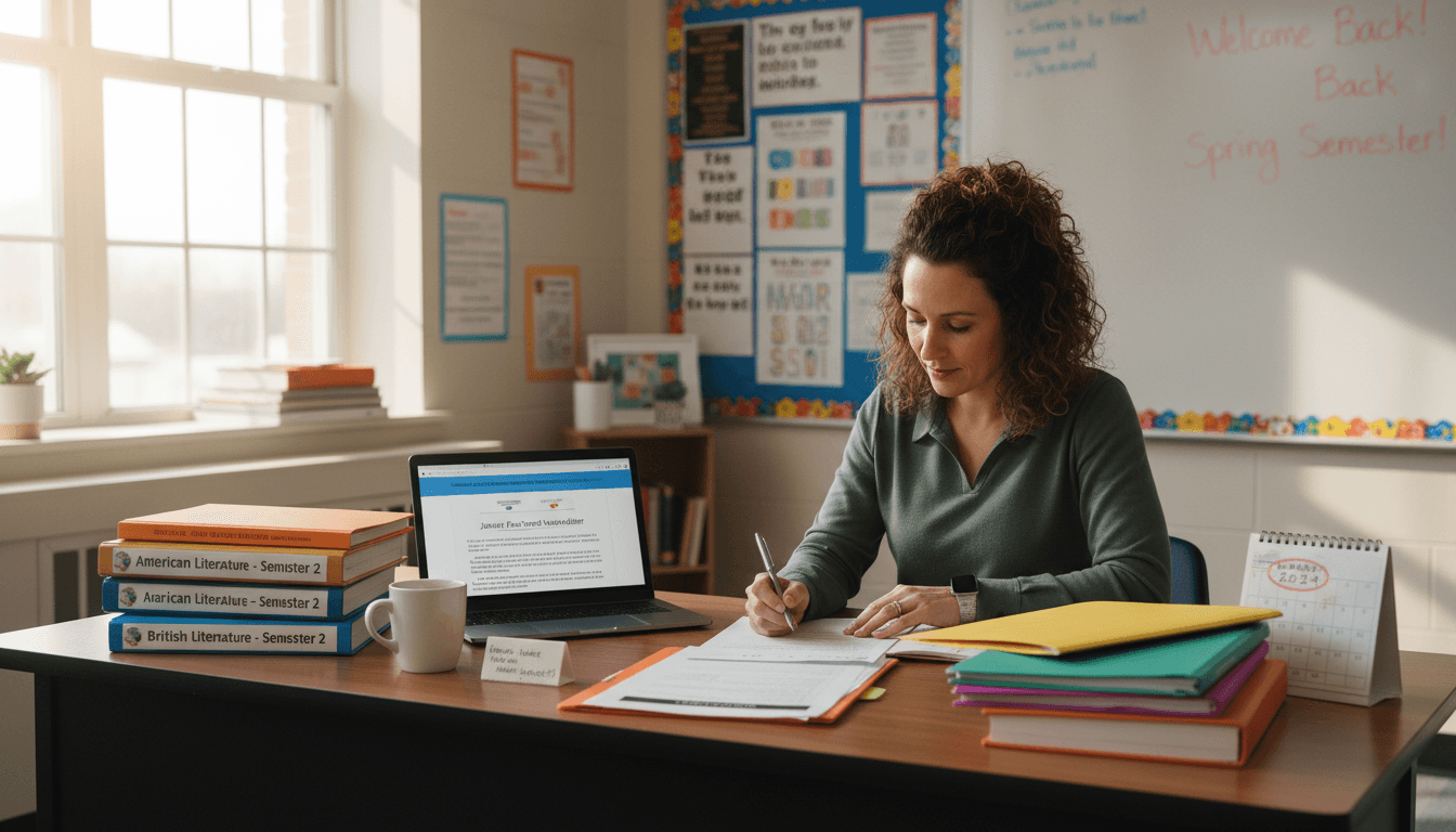 High school teacher at desk in January composing parent newsletter with second semester materials