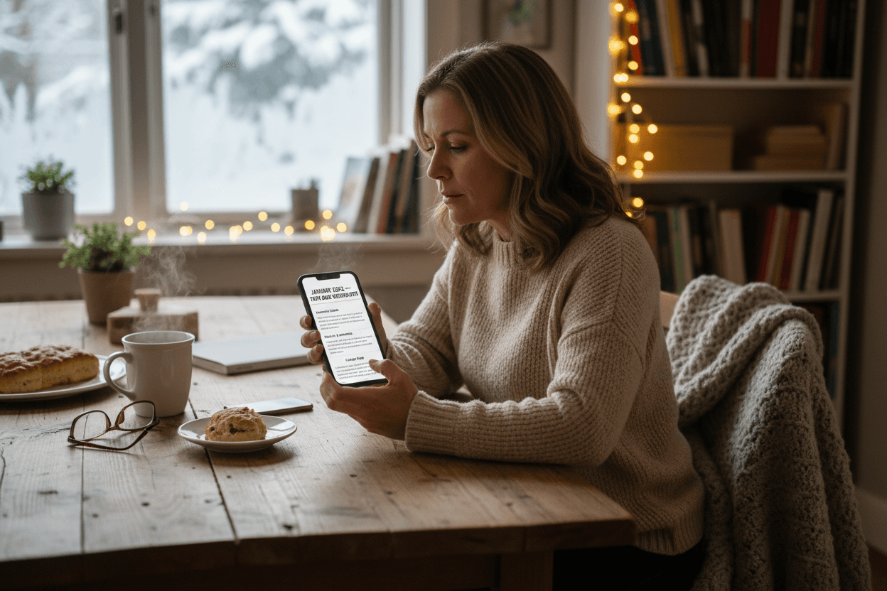 Parent reading January school newsletter on phone at home