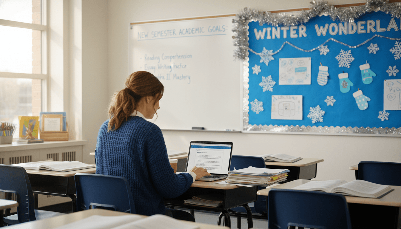 Tenth grade classroom teacher at desk in January, bulletin board visible