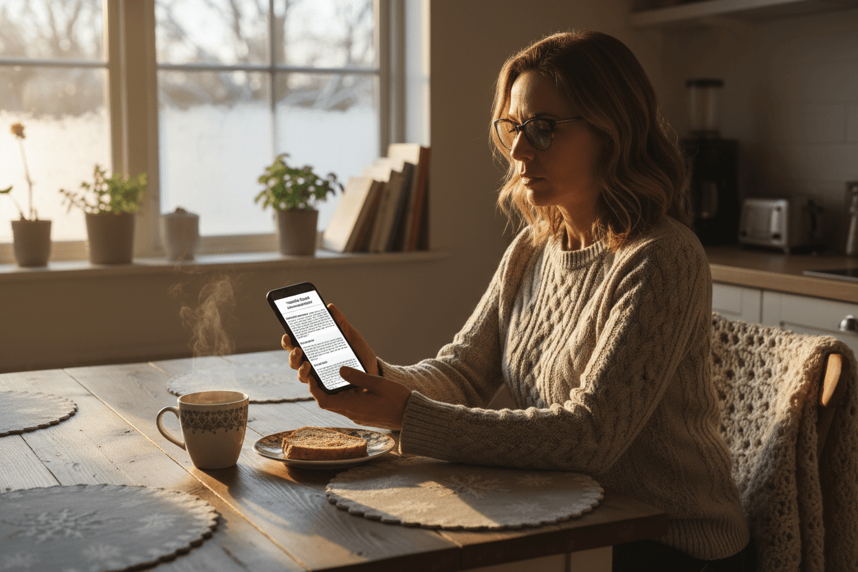 Parent reading January school newsletter on phone at home