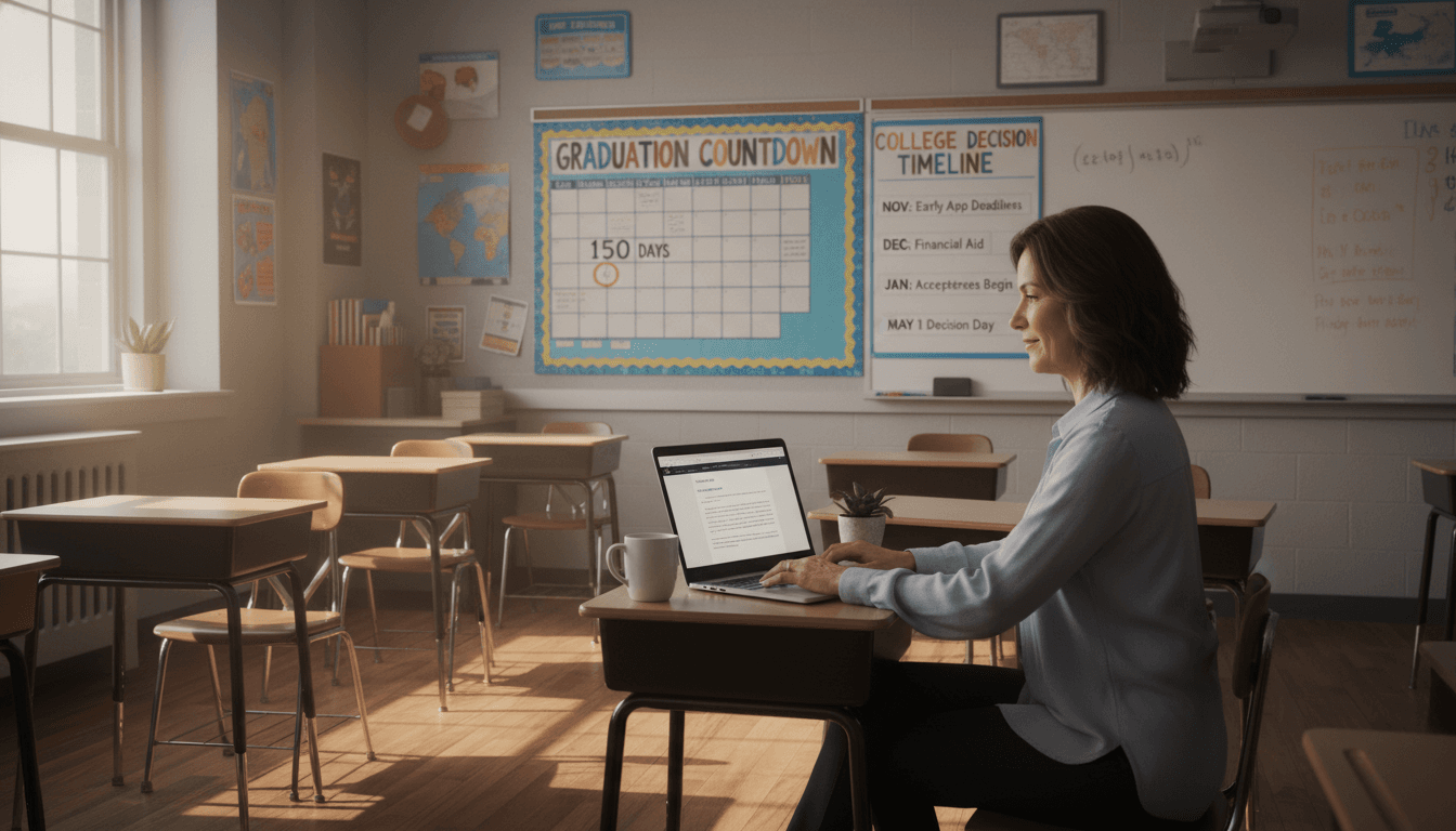 Twelfth grade classroom teacher at desk in January, bulletin board visible