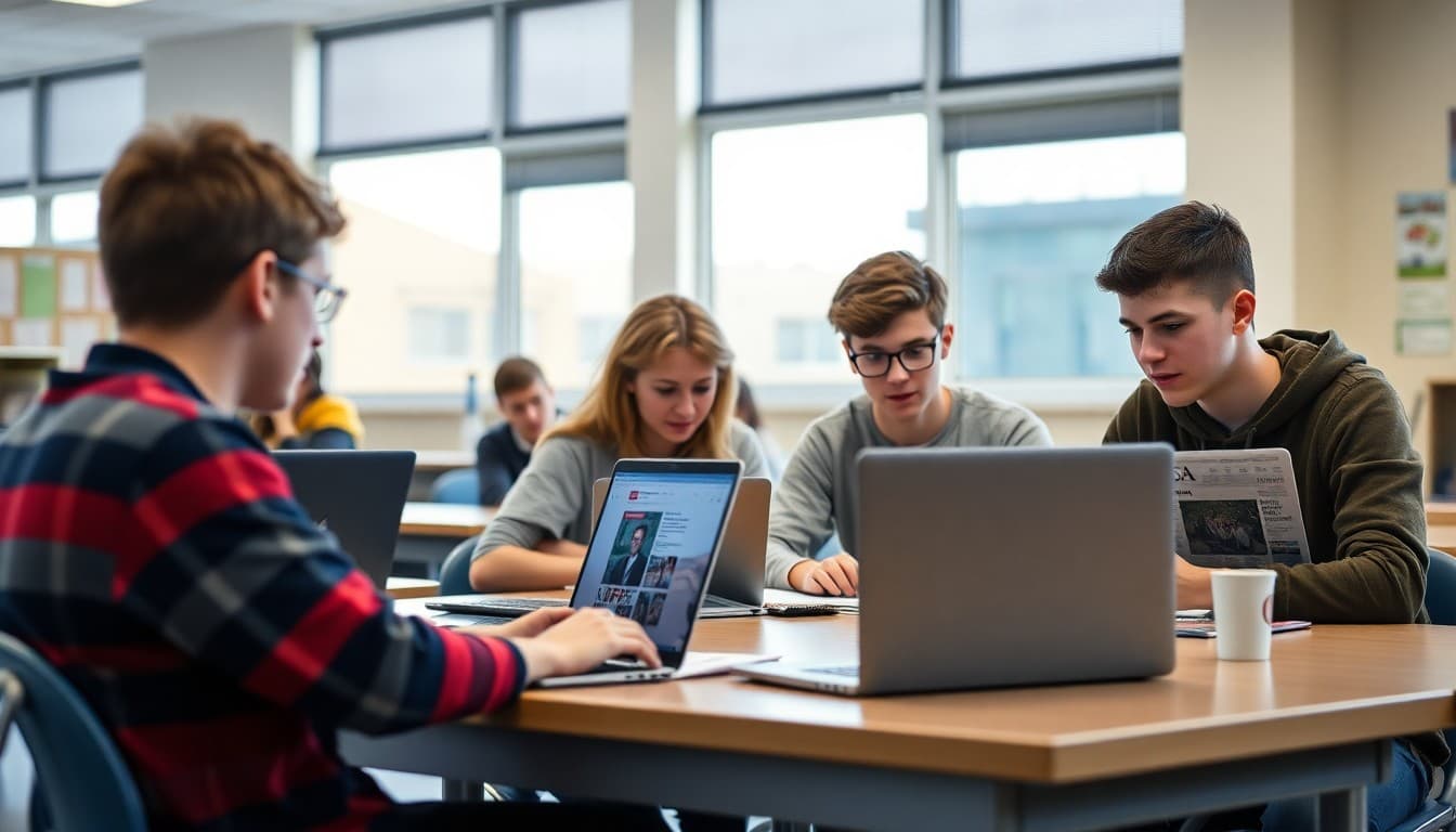 High school journalism students editing articles and photos for the school newspaper on laptops