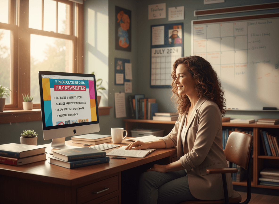 High school teacher preparing July newsletter for junior families with SAT dates and college prep timeline