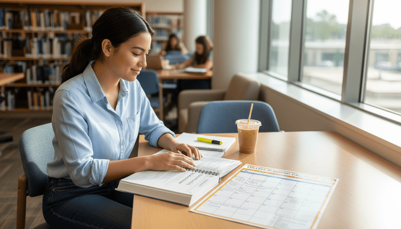 Eleventh grade student reviewing SAT prep materials and college planning calendar in July